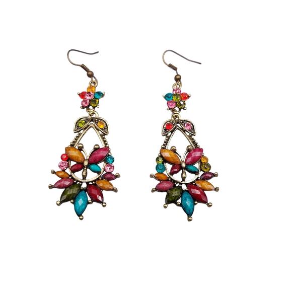 Chandelier Earrings Butterfly Brass Tone Multicolor Beads Rhinestones Pierced - Picture 1 of 6